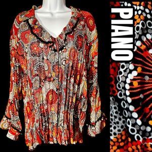 PIANO 1X Acordion Fold Blouse Multicolored Beaded Snap closed sheer